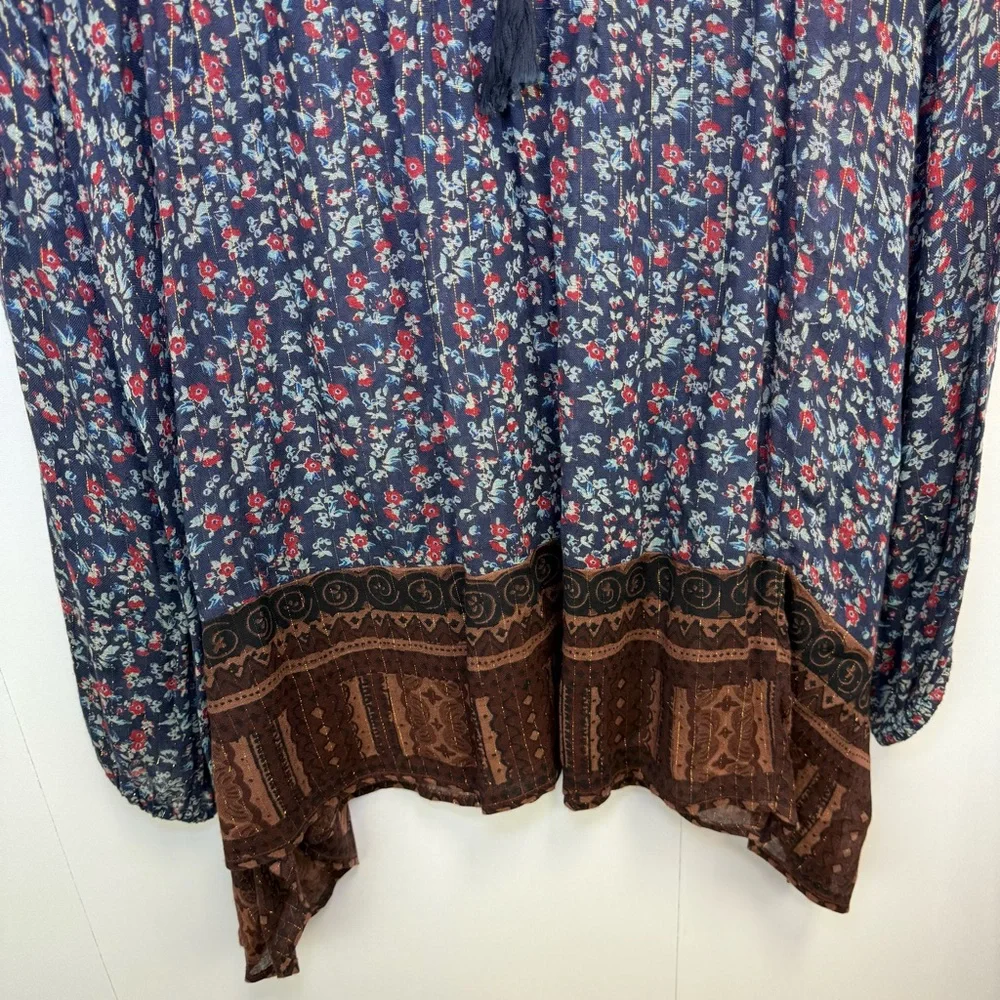 Free‎ People Dream Lovers Tunic Navy Brown Floral metallic Medium Boho Festival